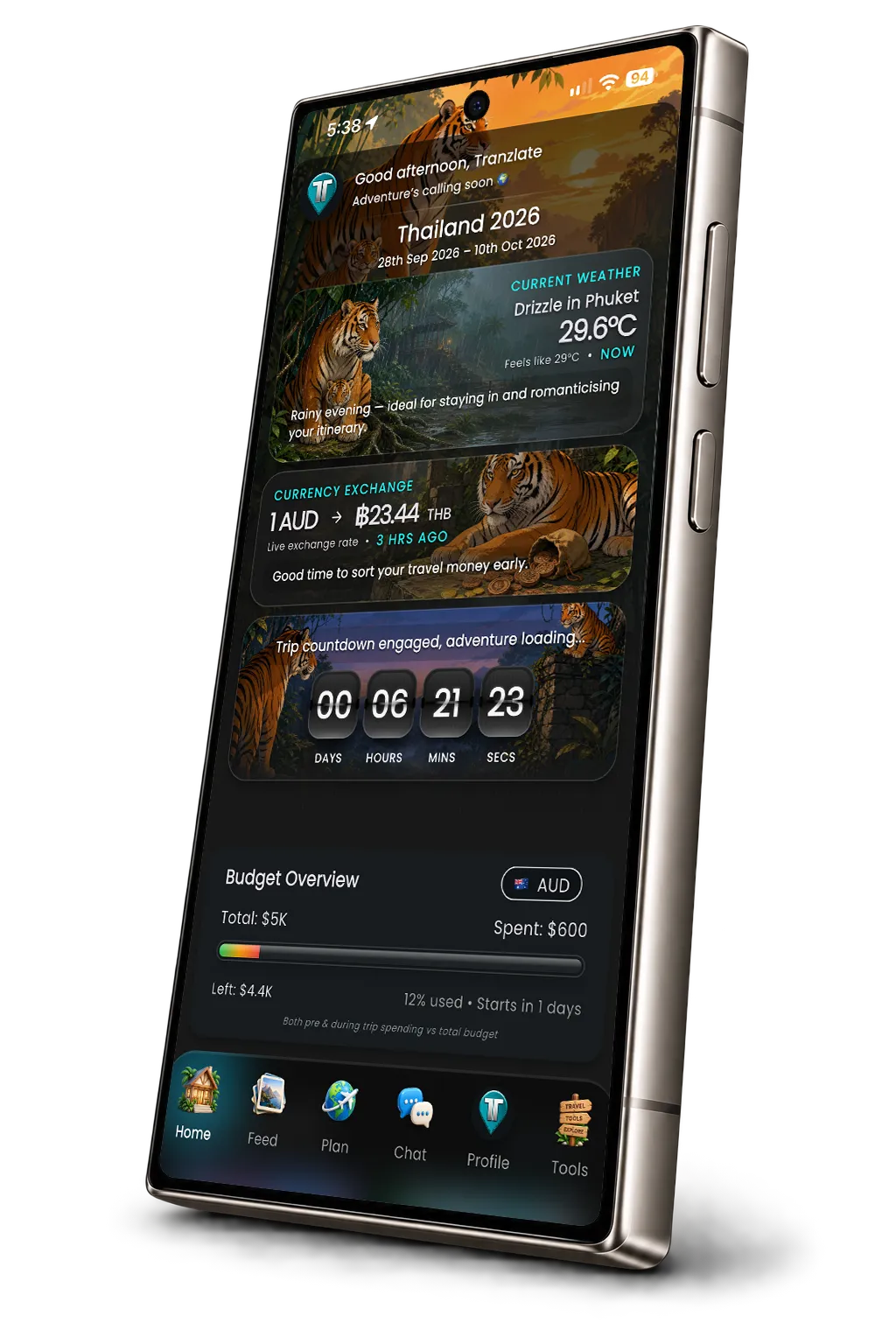 Tranzlate Travel home screen on Android